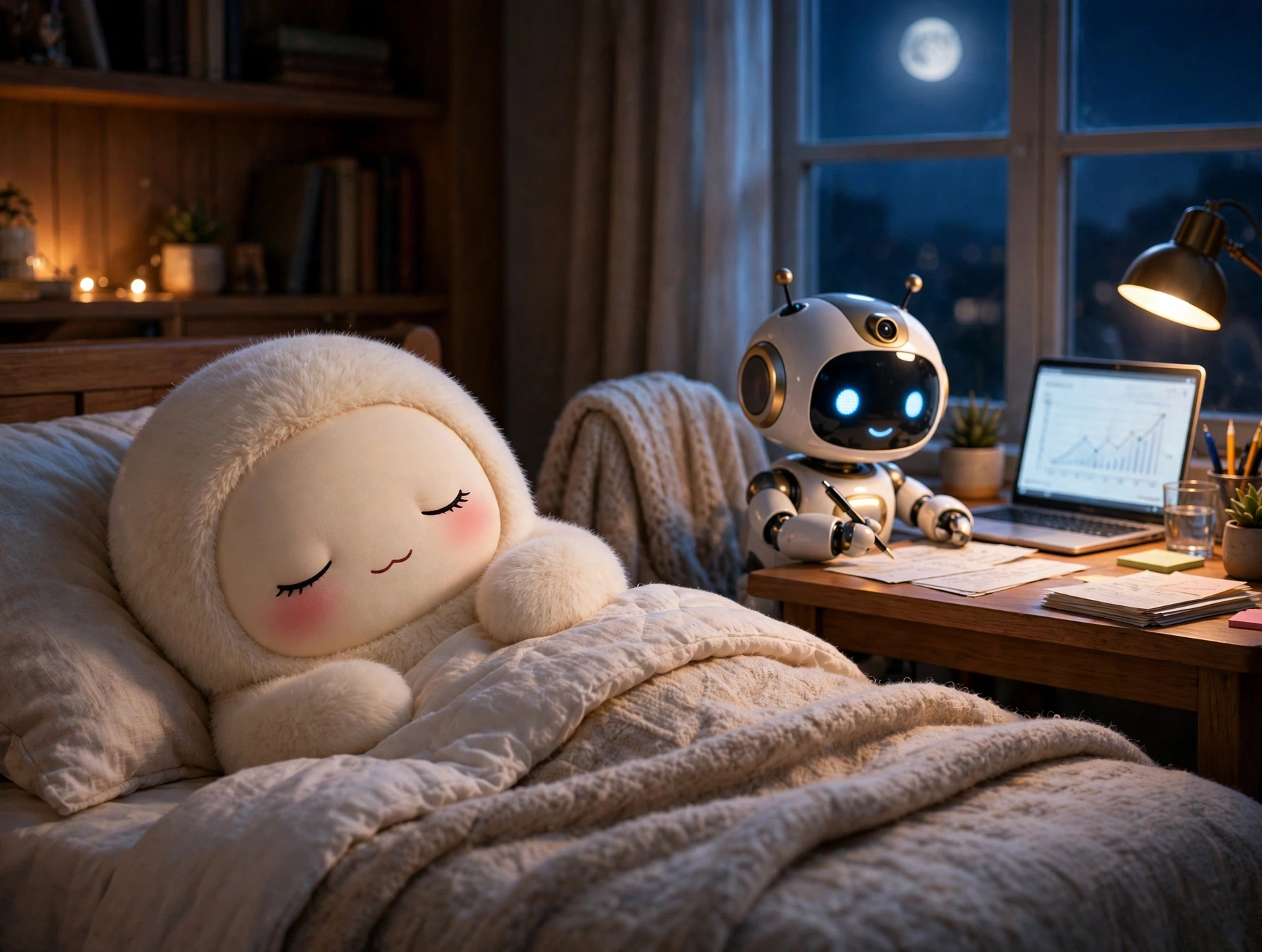 Jolly the cream-furred creature asleep in bed while a small robot assistant works at a desk nearby under moonlight