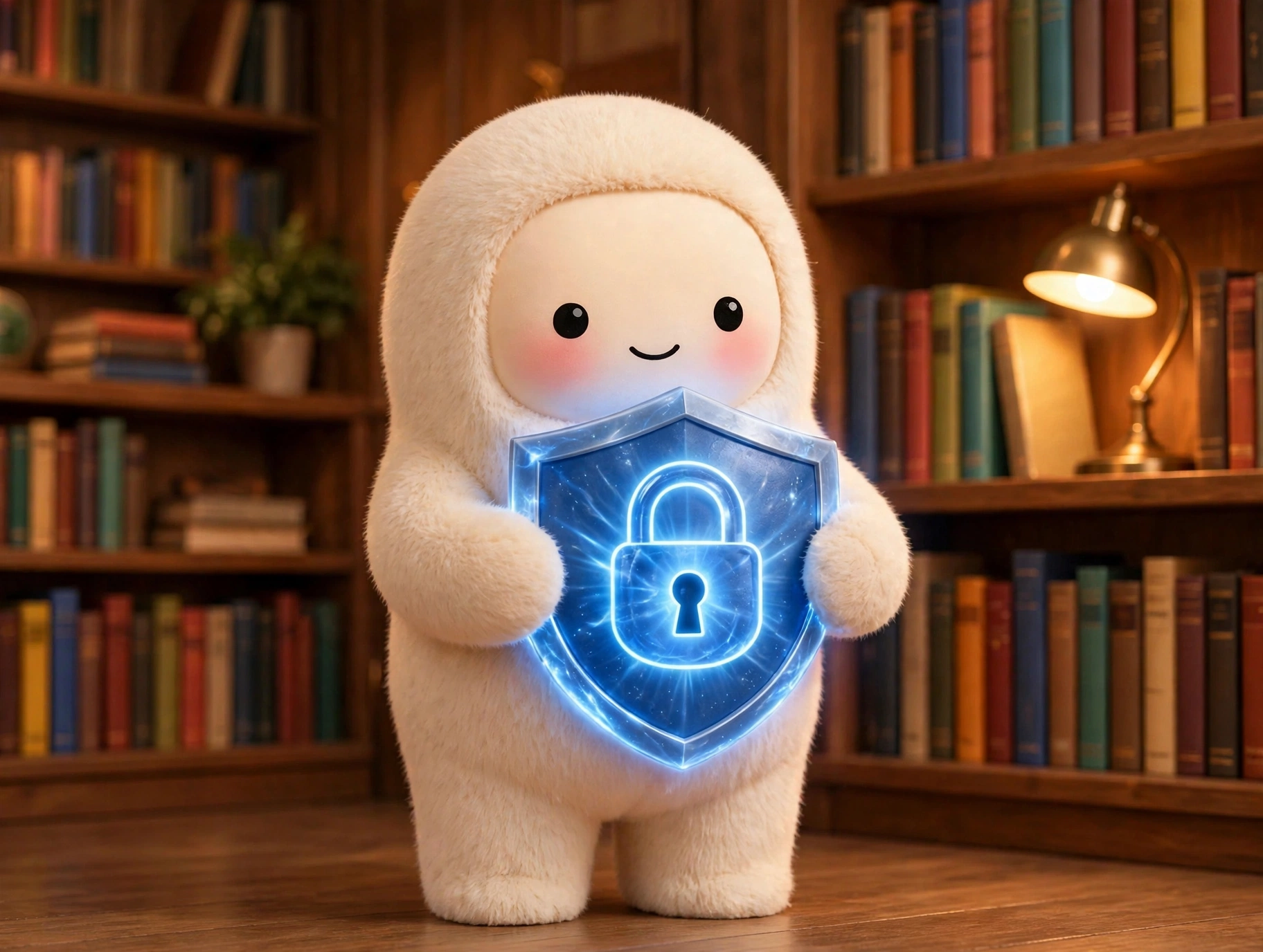 Jolly holding a glowing shield with a lock symbol