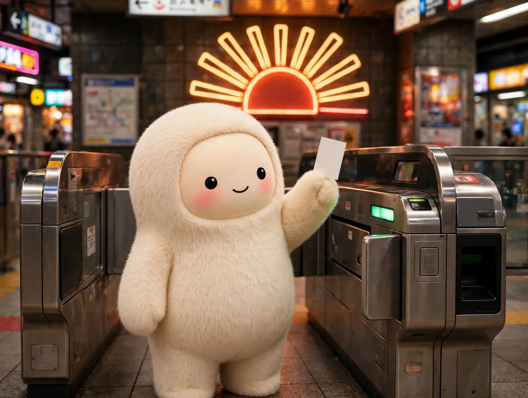 Jolly the cream-furred creature standing at a Tokyo subway ticket gate holding a paper ticket, neon signs and a rising sun motif behind him