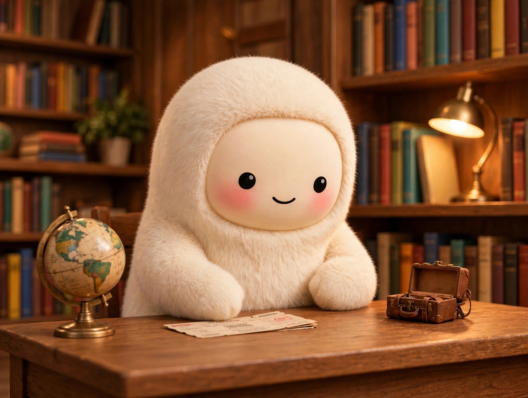 Jolly the cream-furred creature planning a trip with a globe, boarding pass, and tiny suitcase